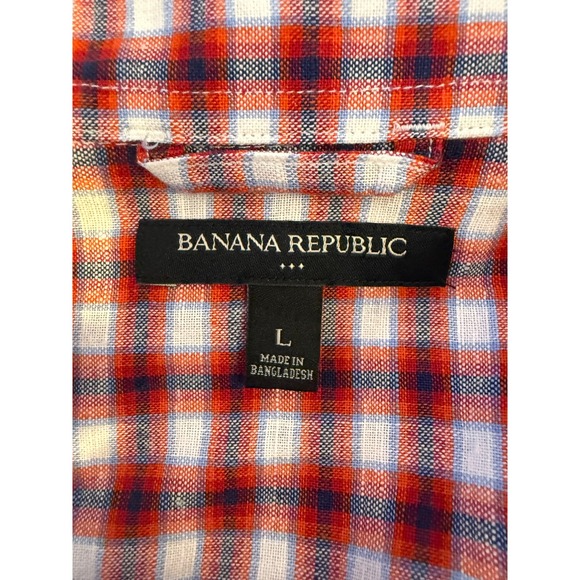 Banana Republic Mens Flannel Button Up Shirt Size L‎ Linen Cotton Red Plaid - Picture 4 of 9